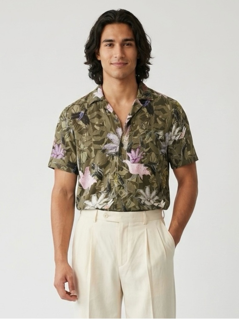 145 HUGO BOSS Men's Ellino Floral Print Straight Fit Shirt - Green, Medium